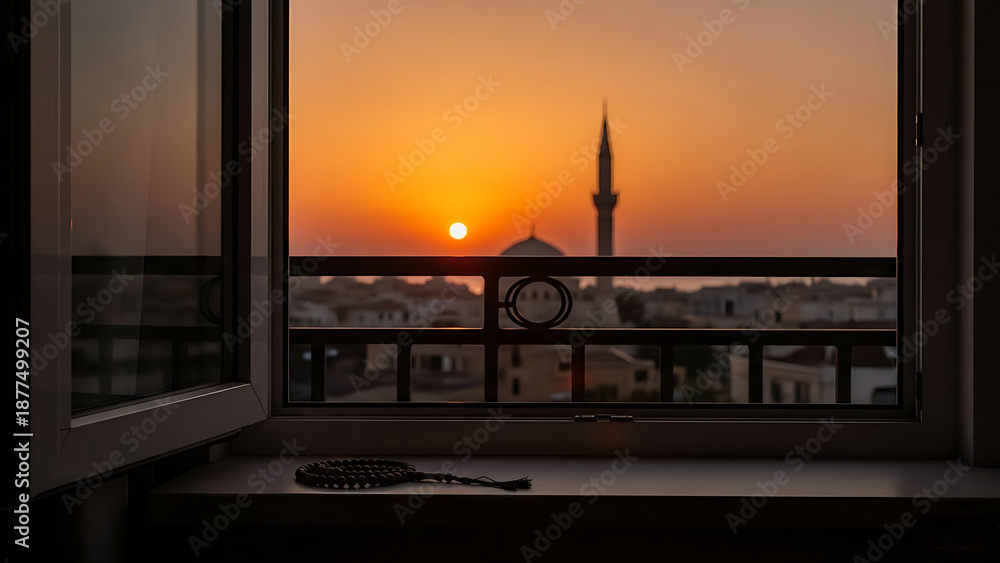 Fototapeta premium Sunset view from a window with a rosary on the sill overlooking a mosque cityscape evening prayer beads islamic