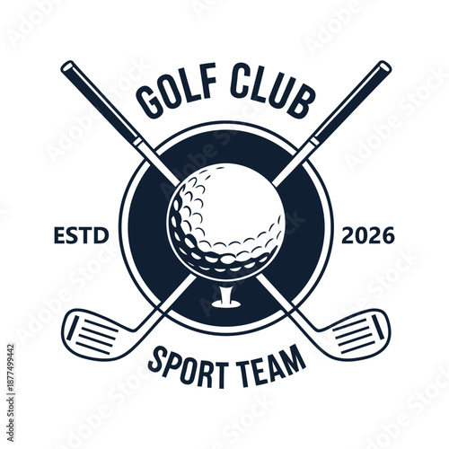 Golf club sport team logo with golf ball and crossed golf clubs icon