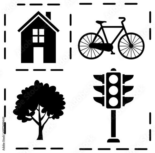 Collection of transportation icons bicycle skateboard roller skate scooter traffic light road crossing
