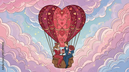 Couple riding heart shaped hot air balloon amidst pastel clouds on romantic date