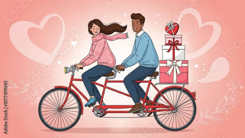 Couple riding tandem bicycle with gifts on romantic pink background with hearts