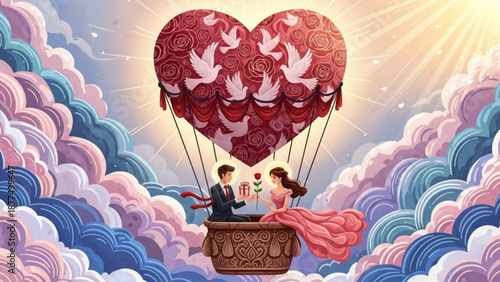 Romantic couple in heart shaped hot air balloon with doves floating above colorful clouds at sunset