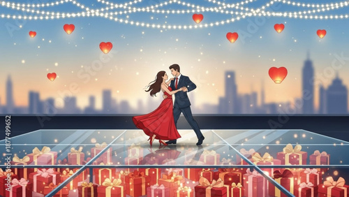 Couple dancing on rooftop with city skyline heart balloons and string lights at sunset
