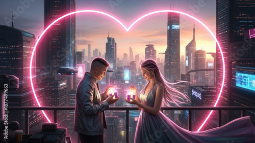 Couple shares romantic moment on city balcony with glowing heart