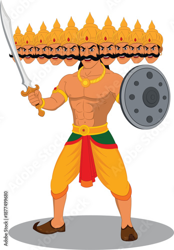 Ravan illustration showing Dashanan Ravana with ten heads in cartoon vector style. Ideal for Ravan Dussehra designs, Ramayana themes, festival posters, mythological art, and cultural illustrations.