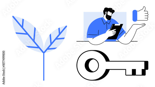 Sustainability, trust validation, digital security, environmental awareness, approval, key identity. Minimalist design with a leaf, person holding a tablet thumbs-up and a key. Sustainability