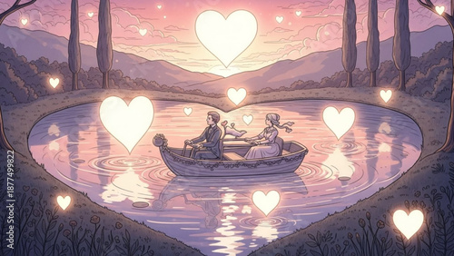 Couple romantic boat ride heart shaped lake sunset
