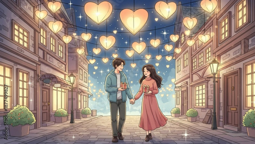 Romantic young couple holding hands walking down a charming city street at night with heart shaped lanterns