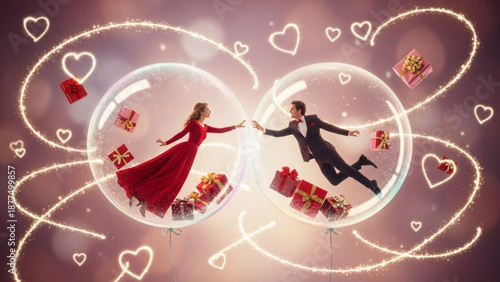 Romantic valentine's day couple in glowing heart bubbles with gifts