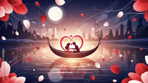Romantic couple in a boat with heart shaped silhouette on a serene lake at night with floating petals