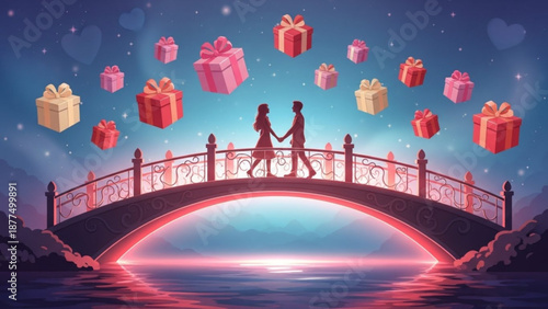 Romantic couple holding hands on bridge with floating gifts at sunset