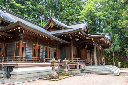 Sakurayama Hachimangu Shrine buildings surrounded by tall trees in Takayama, Japan