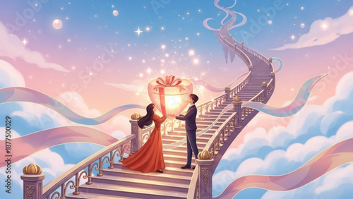 Couple standing on staircase to heaven holding glowing gift box surrounded by clouds and stars