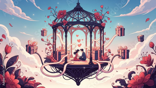 Romantic couple sitting in a beautiful floral gazebo surrounded by gifts and flowers in a dreamy landscape