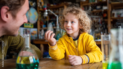 Father and child talking during science experiment at home.