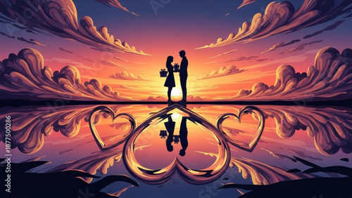 Romantic sunset scene with loving couple silhouette and heart reflections on calm water surface