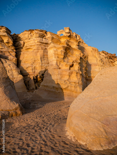 Rock formations in the Ras Al-Jinz turtle sanctuary in Oman in the morning light.