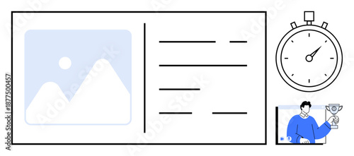 Digital interface with task list, stopwatch, image thumbnail, and person holding trophy. Ideal for productivity apps, task management, time tracking, workflows, goal setting progress monitoring