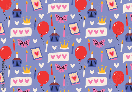 Cute flat seamless Birthday pattern. Party print with festive pink bows, gifts, confetti, cupcakes with candles and white hearts on purple background. Colorful wrapping paper decor for holidays. 