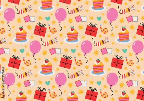 Cute seamless Birthday pattern. Party print with festive gift boxes, candles, cakes on plate, toots, petards, hearts and stars on yellow background. Colorful wrapping paper decor for holidays. 