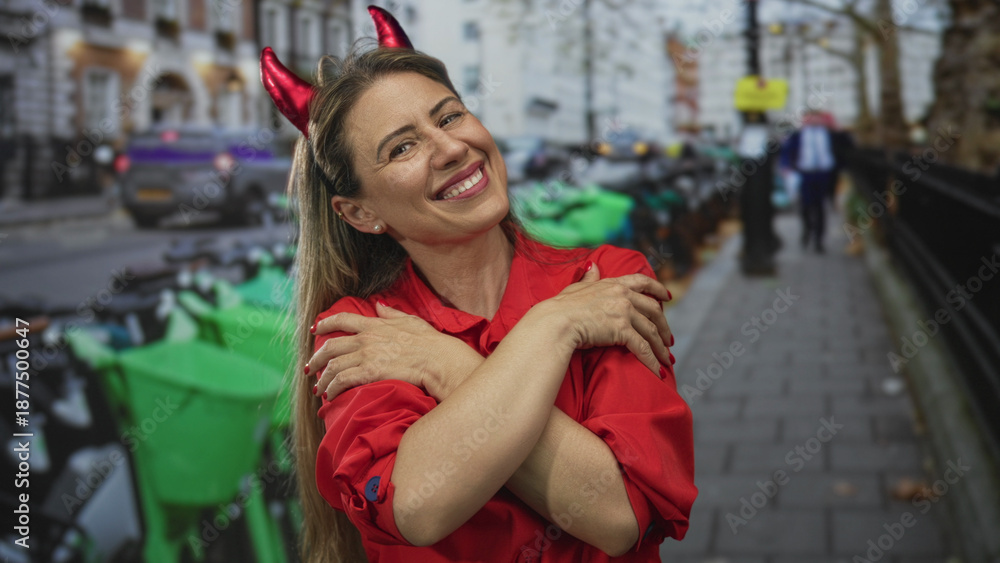 Fototapeta premium Woman in red shirt hugs herself with crossed arms on busy city street lined with green bikes; self love.