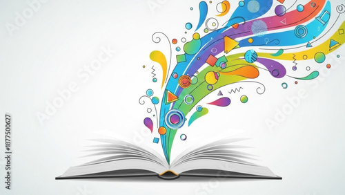 Vibrant colorful swirls emerge from open book on white background symbolizing creativity and knowledge