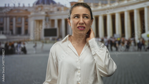 Fotografie Woman touching neck in vatican square before saint peters basilica under bright sunlight; concern fatigue resilience