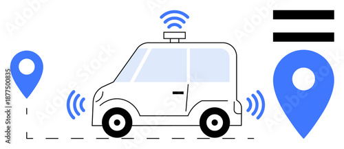 Electric self-driving car with GPS pins, wireless signals, representing navigation, IoT, and smart transport. Ideal for technology, logistics, travel, automation mobility efficiency innovation