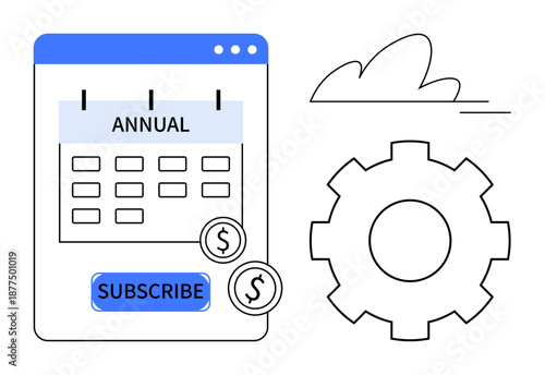 Subscription services, financial planning, business strategy, automation, digital marketing, cloud computing. Calendar marked with annual plan and gear icon. Subscription services and financial
