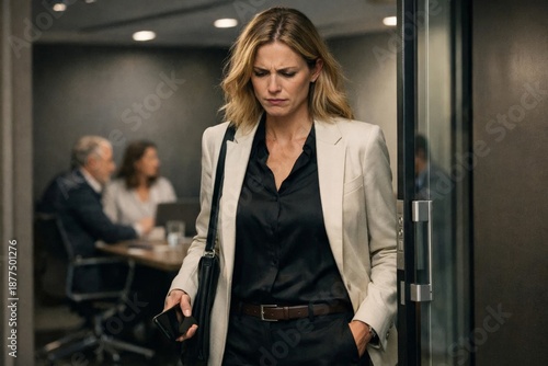 Stressed businesswoman leaving meeting room, corporate pressure and workplace conflict concept in modern office hallway.