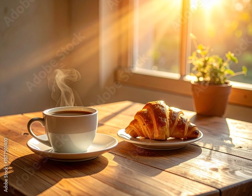 Minimal Breakfast with Croissant and Coffee on Wooden Table