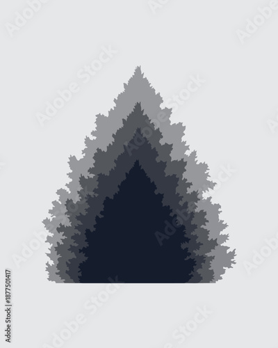 Conceptual graphic design showcasing a harmonious arrangement of tiered pine trees in a gradient of dark tones, forming an inviting natural gateway or serene pathway