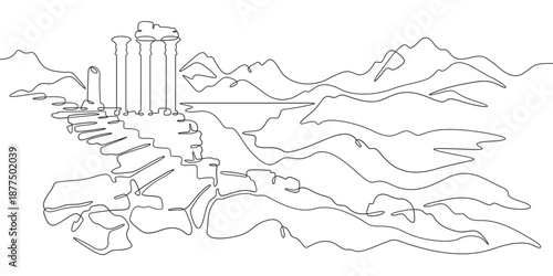 Continuous single line drawing ancient ruins against the backdrop of mountains. Historical landscape. Cultural heritage. Linear.One continuous line isolated minimalist illustration. Not AI.
