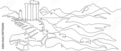 Continuous single line drawing ancient ruins against the backdrop of mountains. Historical landscape. Cultural heritage. Linear.One continuous line isolated minimalist illustration. Not AI.