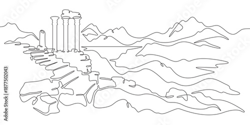 Continuous single line drawing ancient ruins against the backdrop of mountains. Historical landscape. Cultural heritage. Linear.One continuous line isolated minimalist illustration. Not AI.
