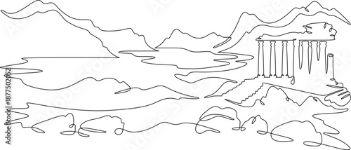 Continuous single line drawing ancient ruins against the backdrop of mountains. Historical landscape. Cultural heritage. Linear.One continuous line isolated minimalist illustration. Not AI.