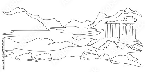 Continuous single line drawing ancient ruins against the backdrop of mountains. Historical landscape. Cultural heritage. Linear.One continuous line isolated minimalist illustration. Not AI.