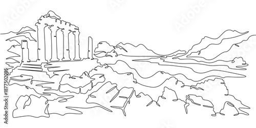 Continuous single line drawing ancient ruins against the backdrop of mountains. Historical landscape. Cultural heritage. Linear.One continuous line isolated minimalist illustration. Not AI.