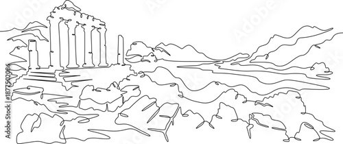 Continuous single line drawing ancient ruins against the backdrop of mountains. Historical landscape. Cultural heritage. Linear.One continuous line isolated minimalist illustration. Not AI.