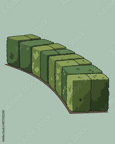 Uniformly sculpted green hedges in a graceful curved line of geometric blocks, vector graphic for architectural garden design concepts