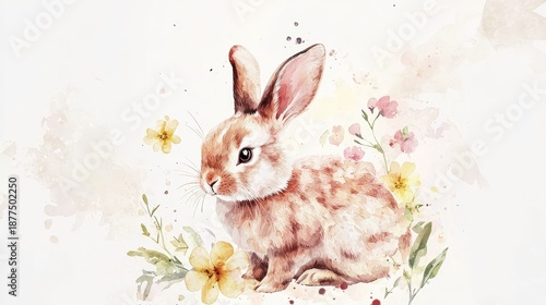 Soft watercolor Easter bunny surrounded by pastel flowers and gentle splashes