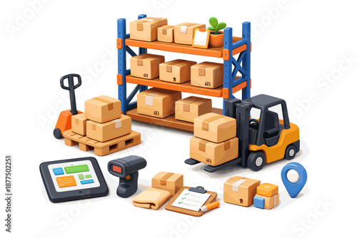Warehouse logistics and inventory management with forklift, pallet jack, and scanner