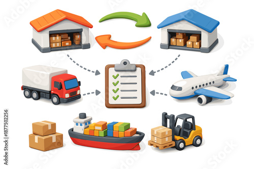 Logistics and supply chain management illustration with various transportation methods