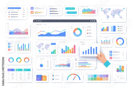 Diverse collection of digital dashboards and data visualization elements for business analytics