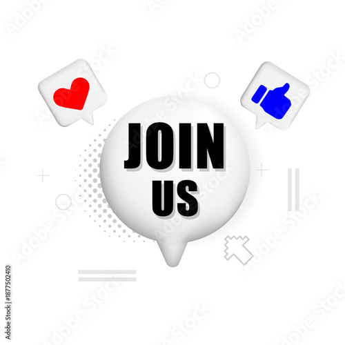 Join Us Social Media Banner with Like and Heart Icons.Join Us text, blue thumbs up and red heart icons for social media campaigns, marketing visuals, online recruitment, promotions.Vector illustration