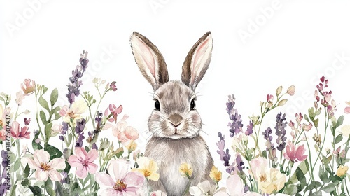 Watercolor bunny surrounded by pastel flowers, elegant hand-painted style suited for holiday invitations and merchandise