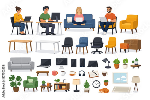 Diverse collection of home office and living room furniture and decor items