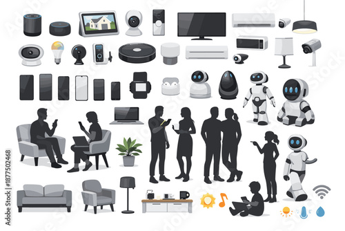 Smart home devices and technology icons with people interacting with technology