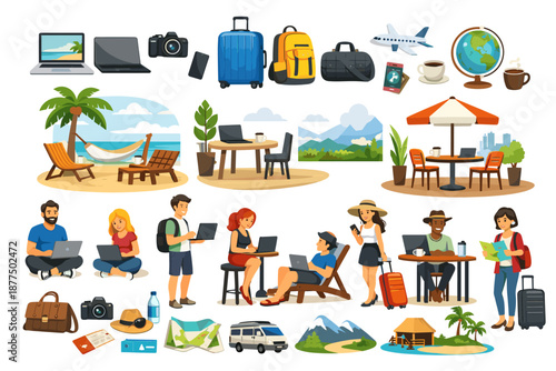 Digital nomads working remotely in various scenic locations around the world