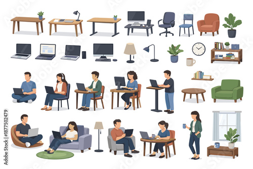 Diverse people working remotely with laptops and office furniture in a flat design style